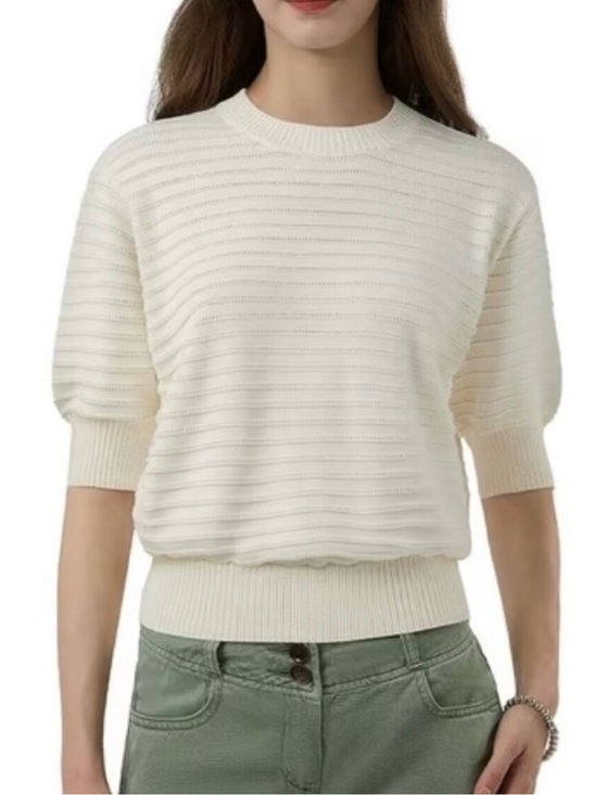 Frye Sweaters - FRYE Sz XXL Cream Ivory Sweater Cotton Fine Gauge Textured Ribbed Short Sleeves